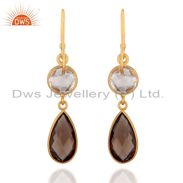 Designers 18K Yellow Gold Plated Silver Crystal Quartz And Smoky Quartz Drop Earrings