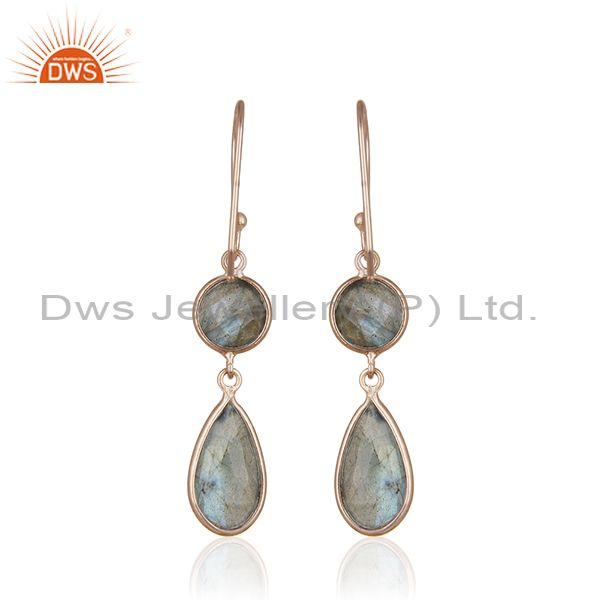 Suppliers Natural Labradorite Gemstone 925 Silver Rose Gold Earrings Manufacturer India