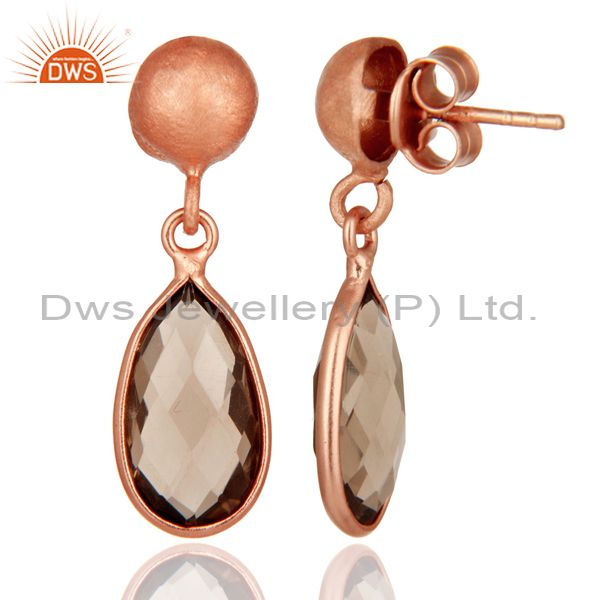 Designers 18K Rose Gold Plated Sterling Silver Smoky Quartz Gemstone Drop Dangle Earrings