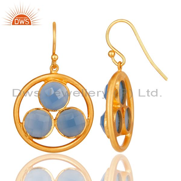 Designers Handmade 18k Gold Plated Silver Blue Chalcedony Gemstone Circle Dangle Earrings