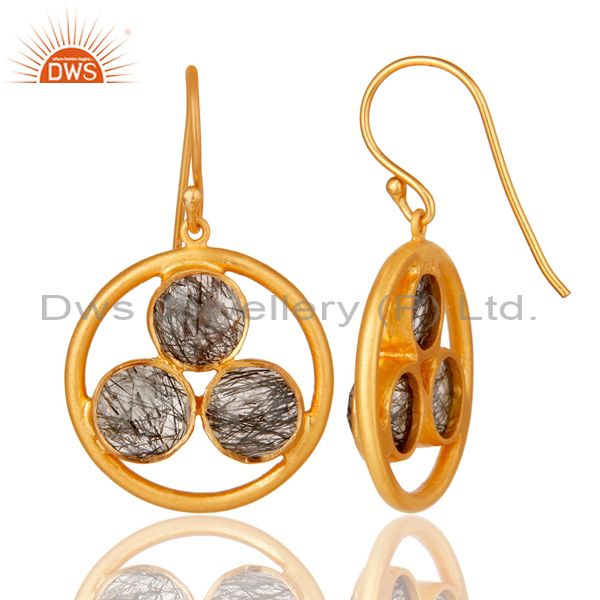 Designers Artisan 18k Gold Plated Silver Black Rutile Gemstone Circle Dangle Earrings