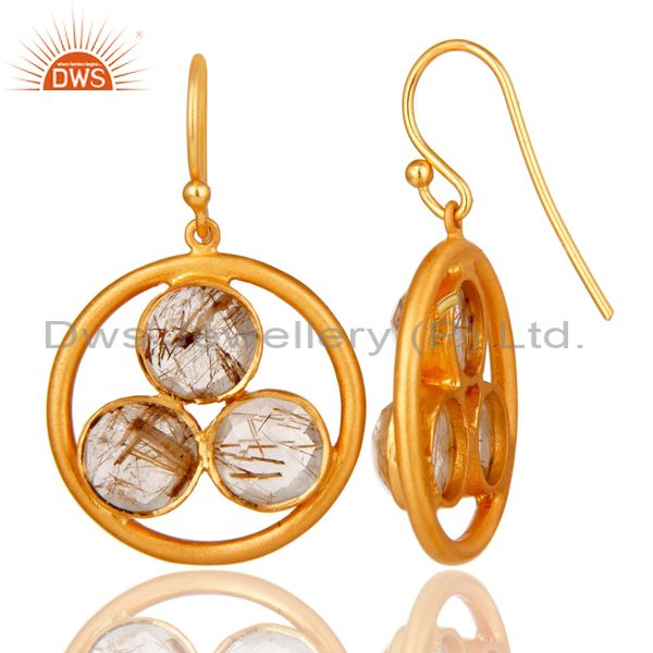 Designers 18k Gold Plated Sterling Silver Yellow Rutile Gemstone Circle Dangle Earrings