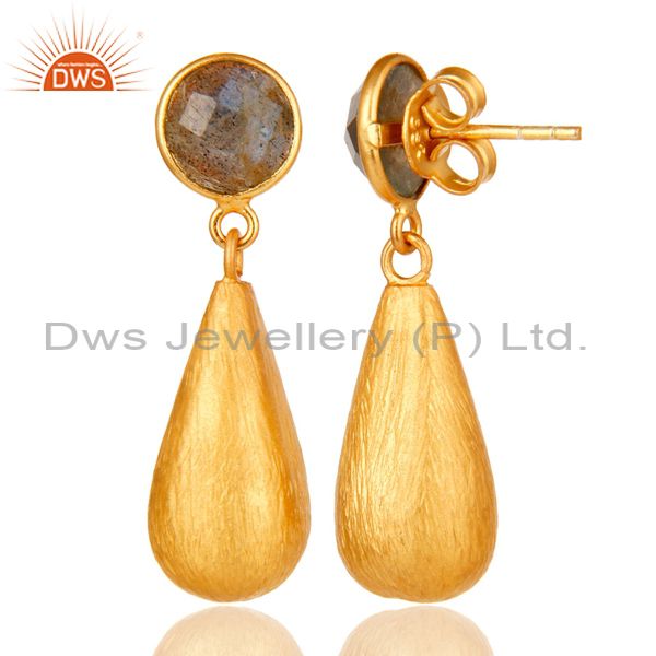 Designers Labradorite Gemstone 22K Yellow Gold Plated Sterling Silver Teardrop Earrings