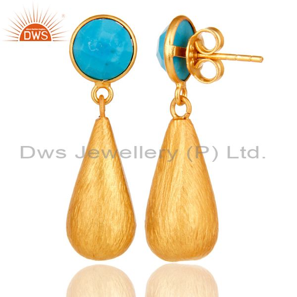 Designers 22K Yellow Gold Plated Sterling Silver Turquoise Gemstone Teardrop Earrings