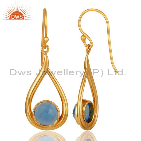 Designers 18k Yellow Gold Plated Sterling Silver Blue Chalcedony Gemstone Artisan Earring