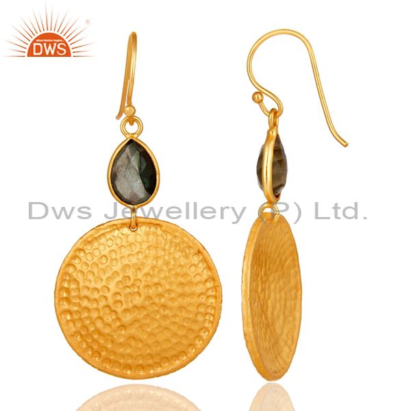 Designers 22K Gold Plated Sterling Silver Hammered Disc Dangle Earrings With Labradorite