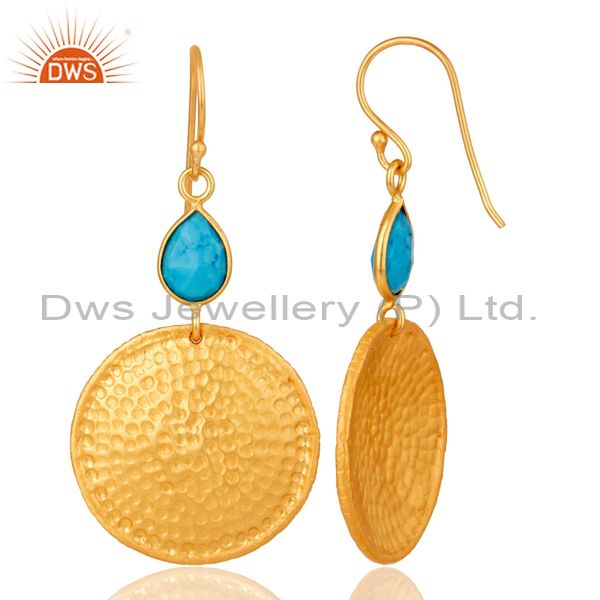 Designers 22K Gold Plated Sterling Silver Turquoise Disc Dangle Hammered Earrings