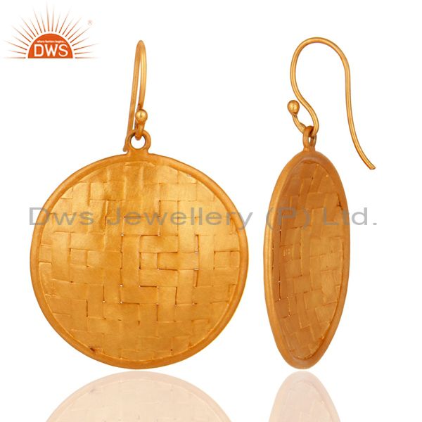 Designers 18K Yellow Gold Plated Sterling Silver Wire Woven Disc Design Earrings