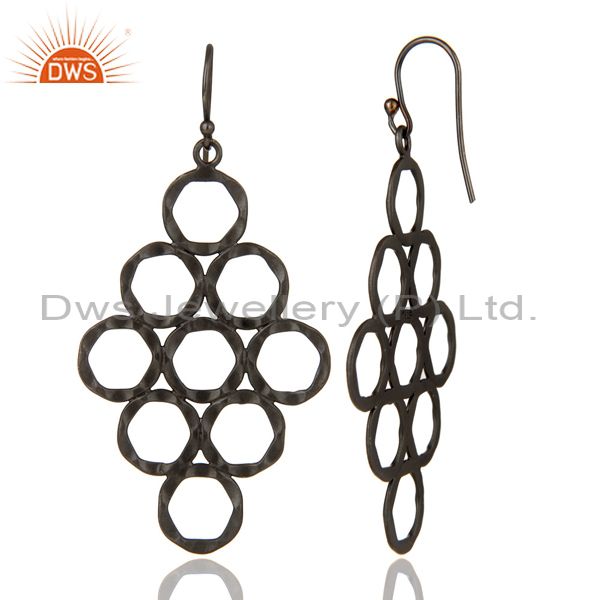 Designers 925 Sterling Silver With Oxidized Hammered Open Circle Dangle Earrings