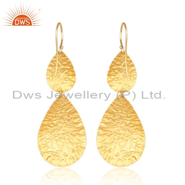 22K Yellow Gold Plated Sterling Silver Hammered Petals Drop Dangle Earrings