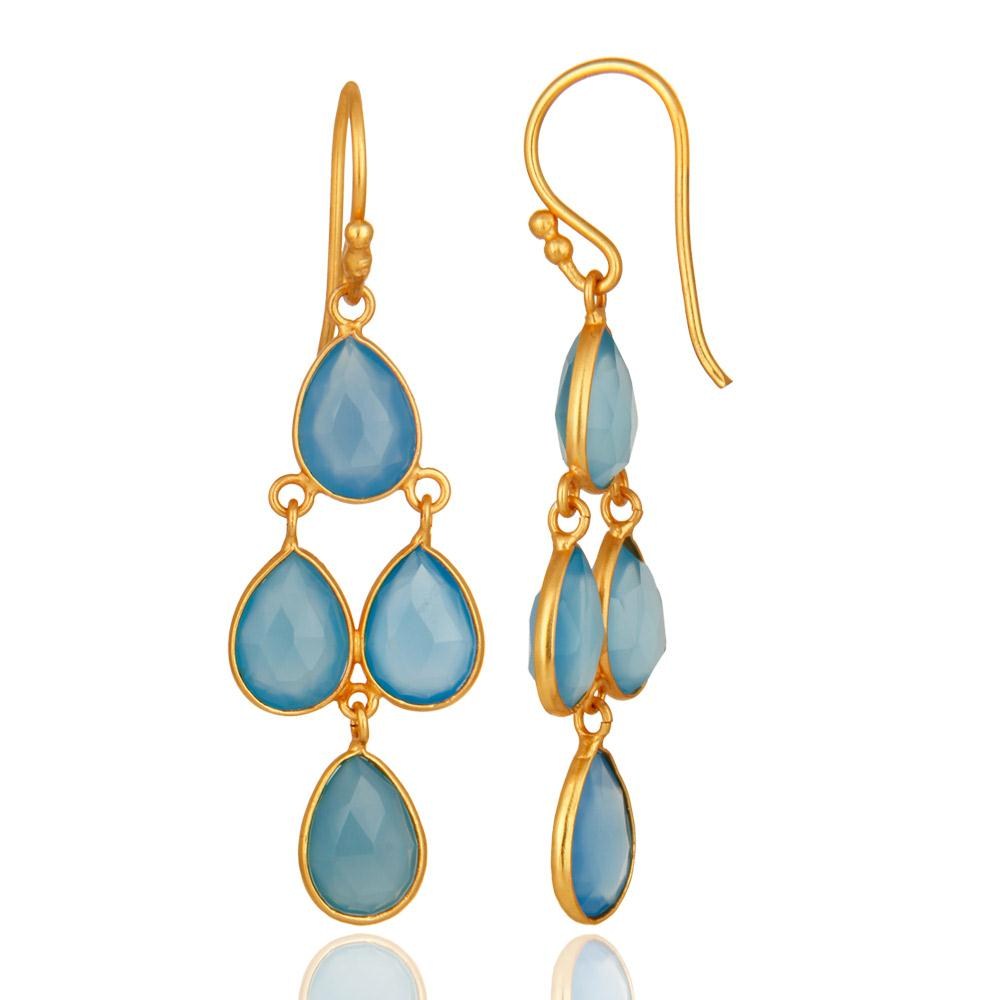Designers Faceted Dyed Blue Chalcedony Gemstone Dangle Earrings In 18K Gold On Silver