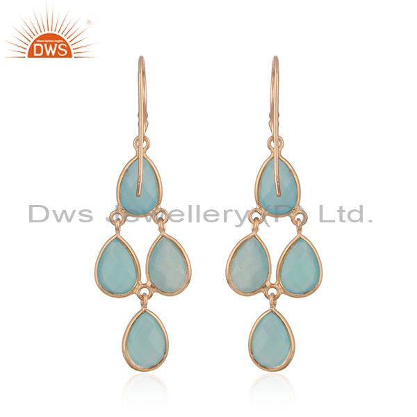 Exporter Aqua Chalcedony Gemstone Rose Gold Plated Silver Hook Earrings Jewelry