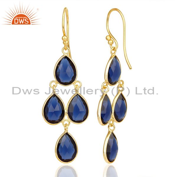 Suppliers Blue Corrundum 4 Drop Earring 14 K Gold Plated  92.5 Silver Dangle Earring