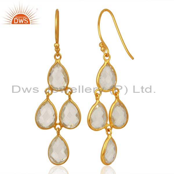 Suppliers 18K Yellow Gold Plated Sterling Silver Crystal Quartz Bezel Set Dangle Earrings