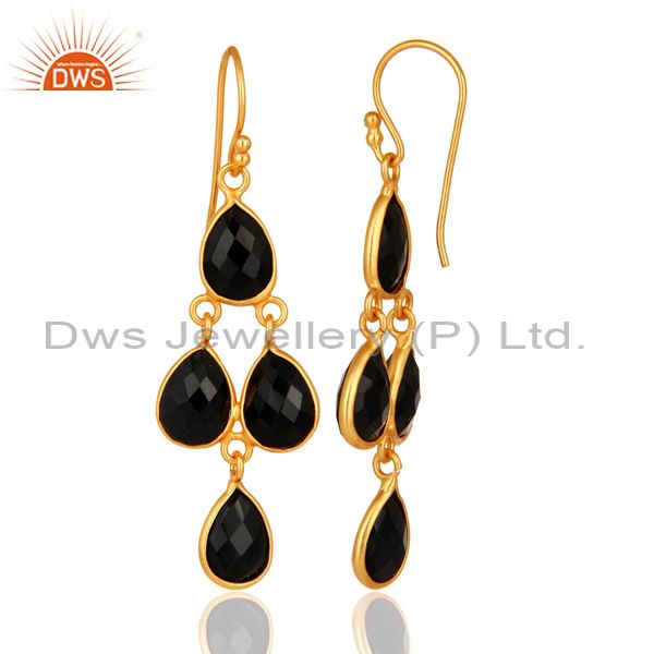 Designers Faceted Black Onyx Gemstone Sterling Silver Dangle Earrings - Gold Plated
