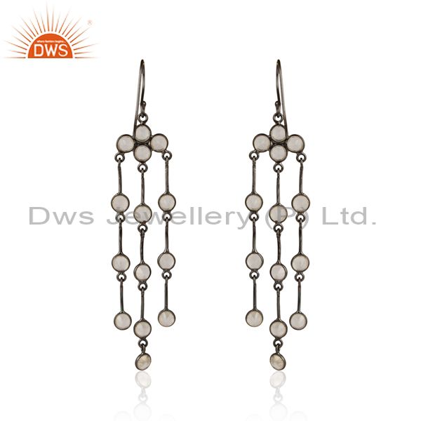 Oxidized Solid Sterling Silver Rose Quartz Gemstone Chain Chandelier Earrings
