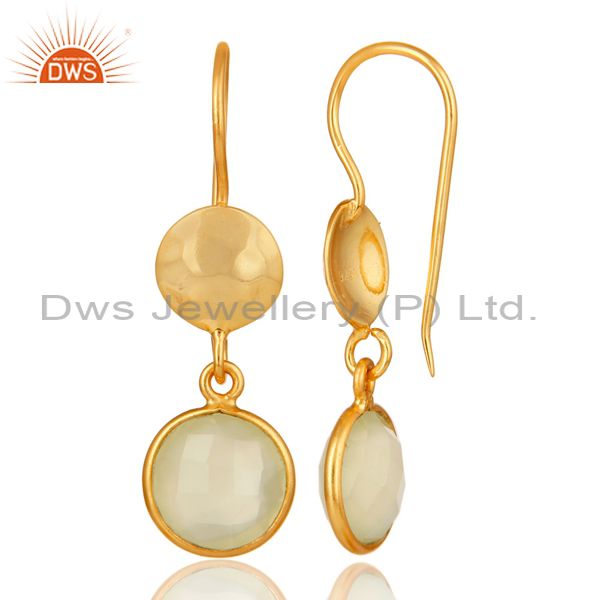 Designers 18K Yellow Gold Plated Sterling Silver Prehnite Chalcedony Disc Dangle Earrings