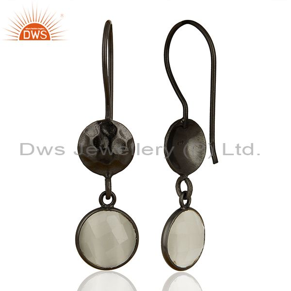 Suppliers Oxidized Solid Sterling Silver White Moonstone Hammered Disc Dangle Earrings
