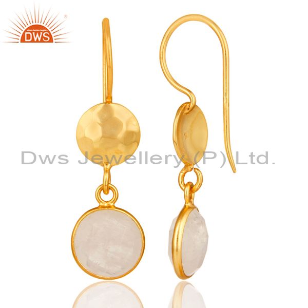 Designers Natural Rainbow Moonstone Dangle Earrings Made In 18K Gold Over Solid Silver