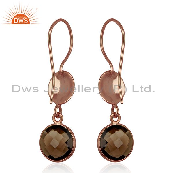 Wholesalers 18K Rose Gold Plated Sterling Silver Smoky Quartz Disc Dangle Earrings