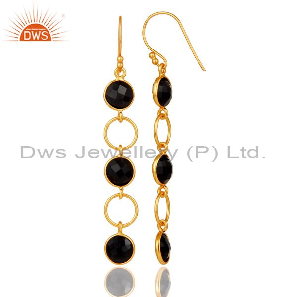 Designers Black Onyx and 18K Gold Plated Sterling Silver Circle Dangler Earring