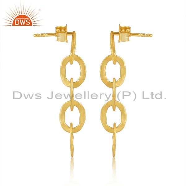 Designers 14K Yellow Gold Plated Sterling Silver Hammered Multi Link Chain Dangle Earrings