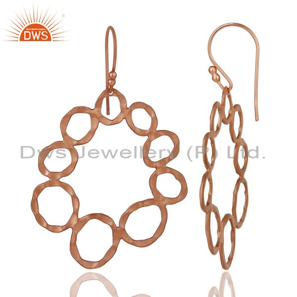 Designers Handmade Solid Sterling Silver Rose Gold Plated Hammered Circle Dangle Earrings