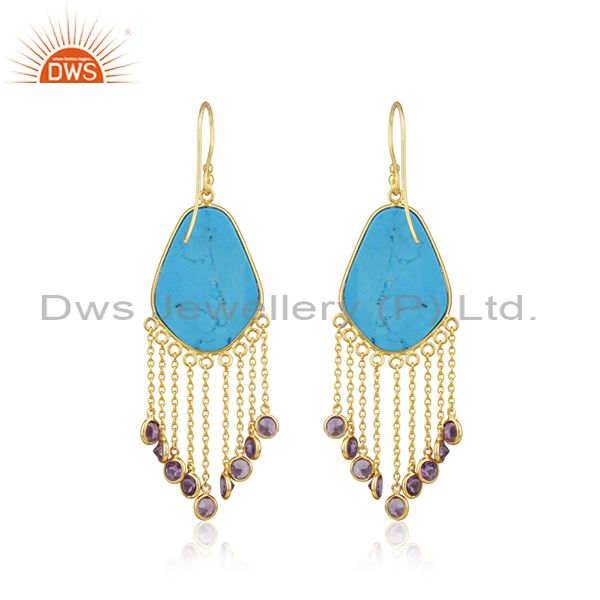 Suppliers 18K Yellow Gold Plated Sterling Silver Turquoise And Amethyst Chandelier Earring