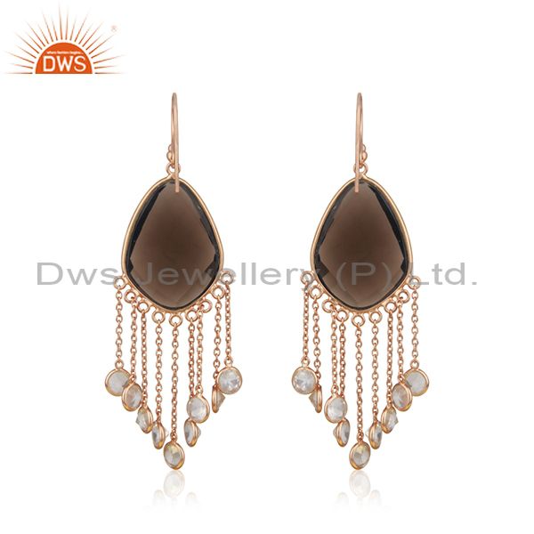 Suppliers 18K Rose Gold Plated Sterling Silver Smoky Quartz Link Chain Chandelier Earrings