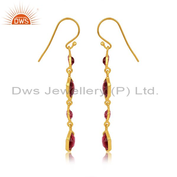 18K Yellow Gold Plated Sterling Silver Pink Corundum Bezel Set Dangle Earrings