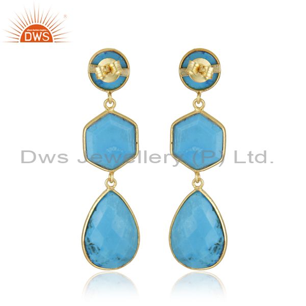 Suppliers 18K Yellow Gold Plated Sterling Silver Turquoise Bezel Set Triple Dangle Earring