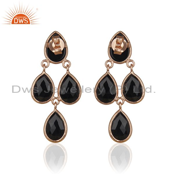 Suppliers 18K Rose Gold Sterling Silver Black Onyx Gemstone Teardrop Dangle Earrings