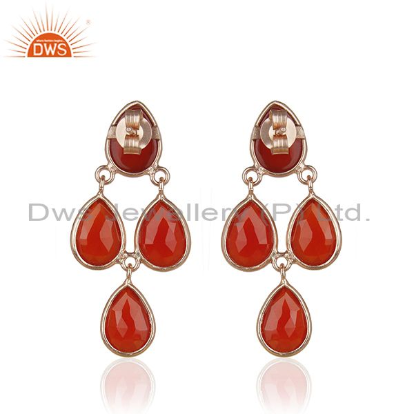 Suppliers Red Onyx Gemstone Rose Gold Plated 925 Silver Drop Earrings Manufacturer