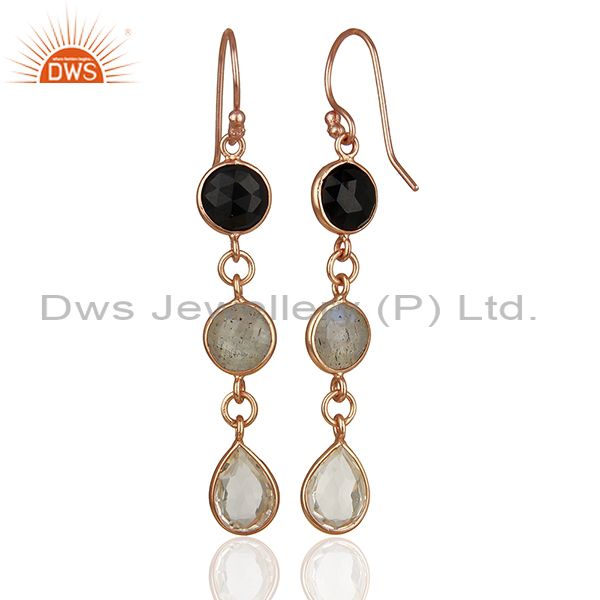 Suppliers 18K Rose Gold Plated Silver Crystal Quartz And Labradorite Dangle Earrings