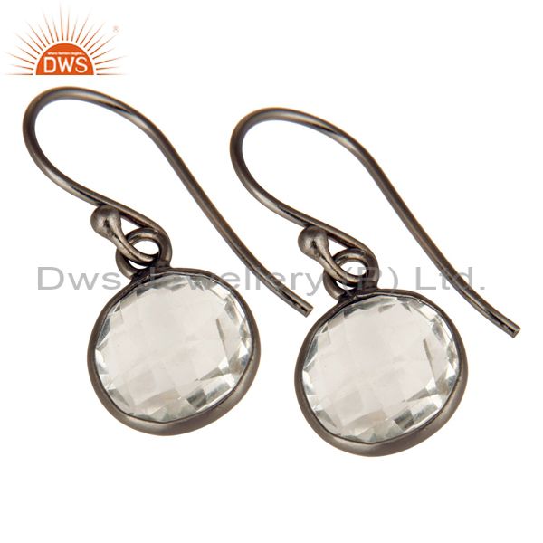 Designers Oxidized Sterling Silver Crystal Quartz Round Cut Bezel Set Dangle Earrings