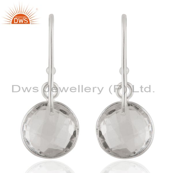 Designers 925 Sterling Silver Crystal Quartz Round Cut Bezel Set Dangle Earrings