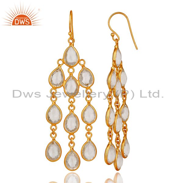 Designers 18K Yellow Gold Plated Sterling Silver Crystal Quartz Bridal Chandelier Earrings