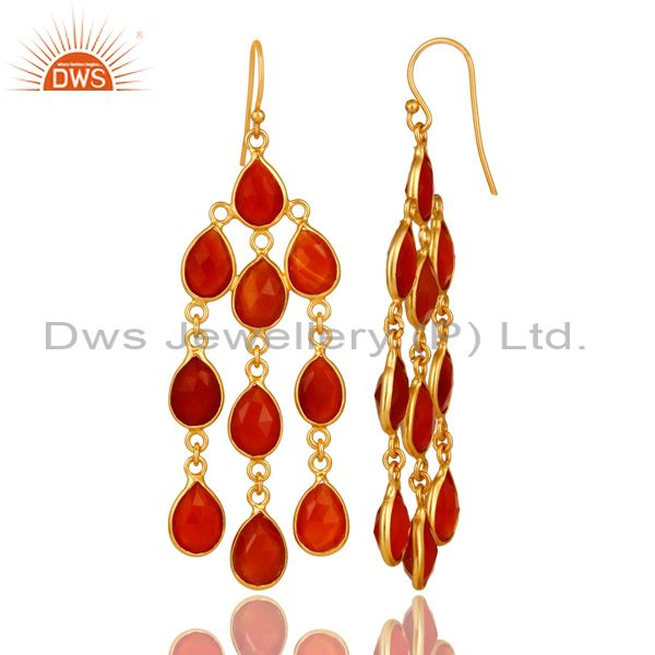 Designers 18K Yellow Gold Plated Sterling Silver Red Onyx Gemstone Chandelier Earrings
