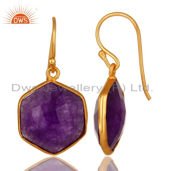 Designers 18K Yellow Gold Plated Sterling Silver Purple Chalcedony Bezel Set Hook Earrings