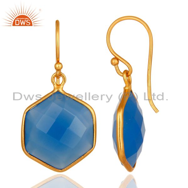 Designers Dyed Blue Chalcedony Faceted 18K Gold Over 925 Silver Bezel-Set Dangle Earrings
