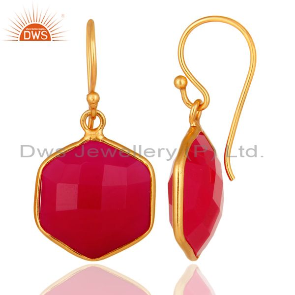 Designers 18K Gold On Sterling Silver Faceted Dyed Pink Chalcedony Bezel-Set Drop Earrings