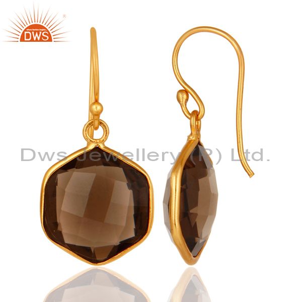 Designers Smoky Quartz Faceted Hexagon Shaped 18K Gold On Sterling Silver Dangle Earrings