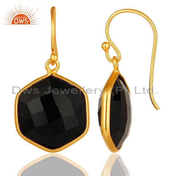 Designers 18K Yellow Gold Plated Sterling Silver Black Onyx Gemstone Drop Earrings