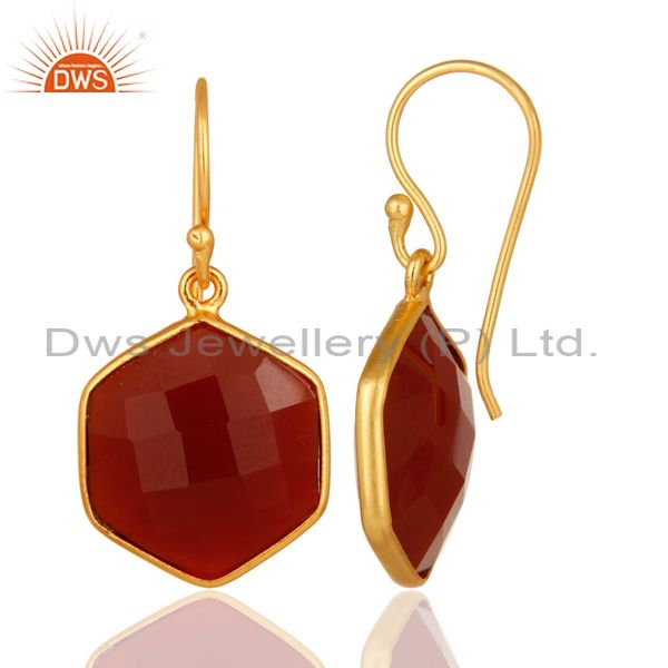 Designers 22ct Gold Plated Sterling Silver Faceted Red Onyx Hexagonal Drop Earrings