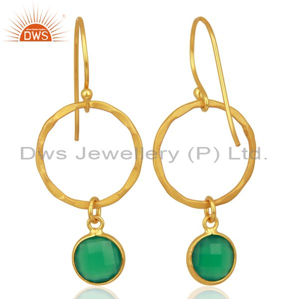Suppliers Green Onyx Gemstone Hammer Texture Circle Sterling Silver Gold Plated Earring