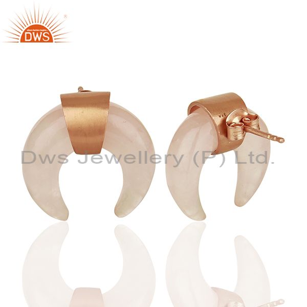 Suppliers Rose Quartz Crescent Moon 925 Sterling Silver Rose Gold Plated Studs Earring