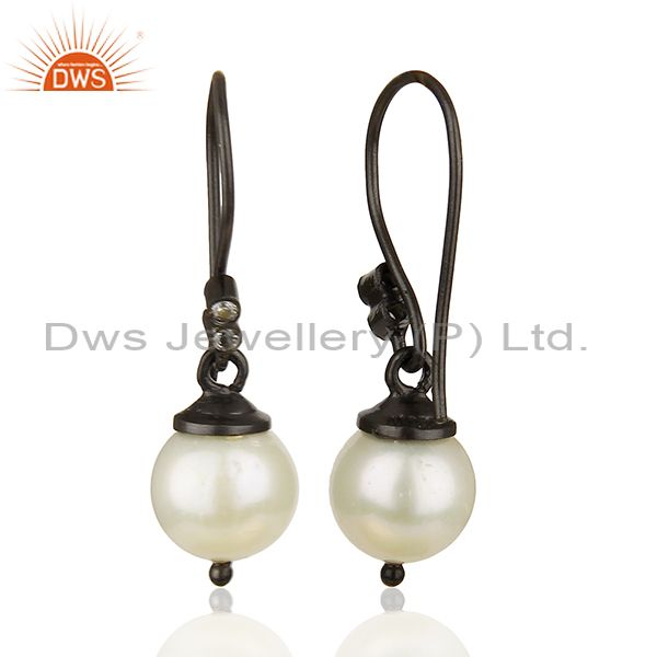 Suppliers Round White Pearl Black 925 Sterling Silver Drop Earrings Wholesale