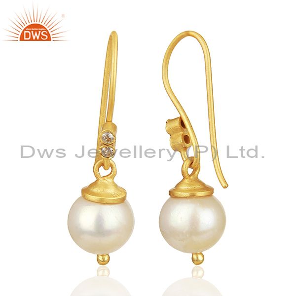 Suppliers Natural Pearl Gemstone 925 Silver Gold Plated Girls Drop Earrings