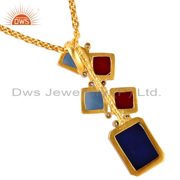 Suppliers 18K Yellow Gold Plated Red Coral, Chalcedony And Lapis lazuli Pendant With CZ