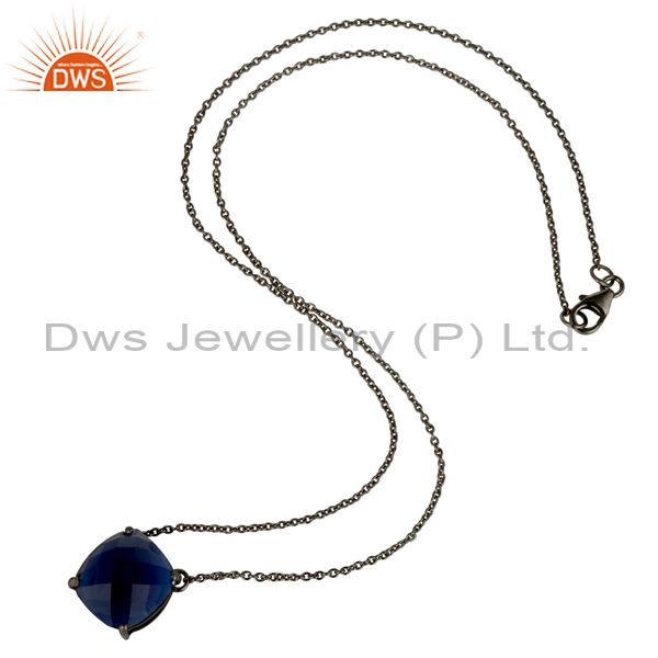 Suppliers Oxidized Sterling Silver Blue Corundum Gemstone Prong Set Chain Necklace